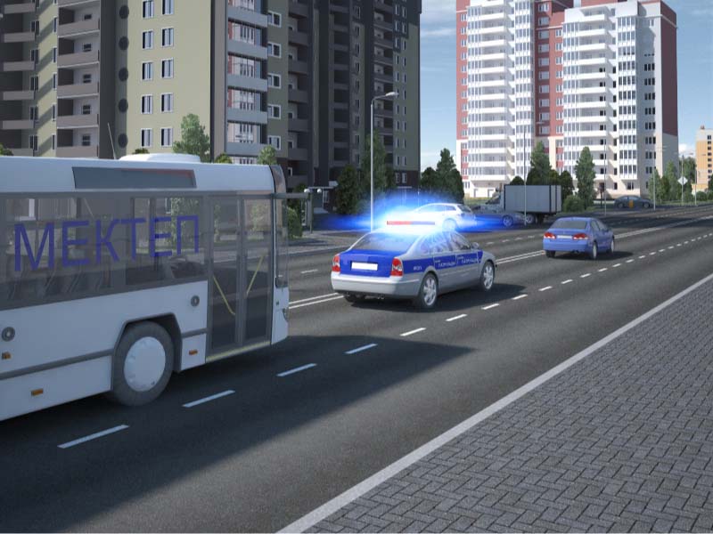 Лекке ілесіп жүрген, көк түсті жарқылдауық маягі қосылған автомобиль…